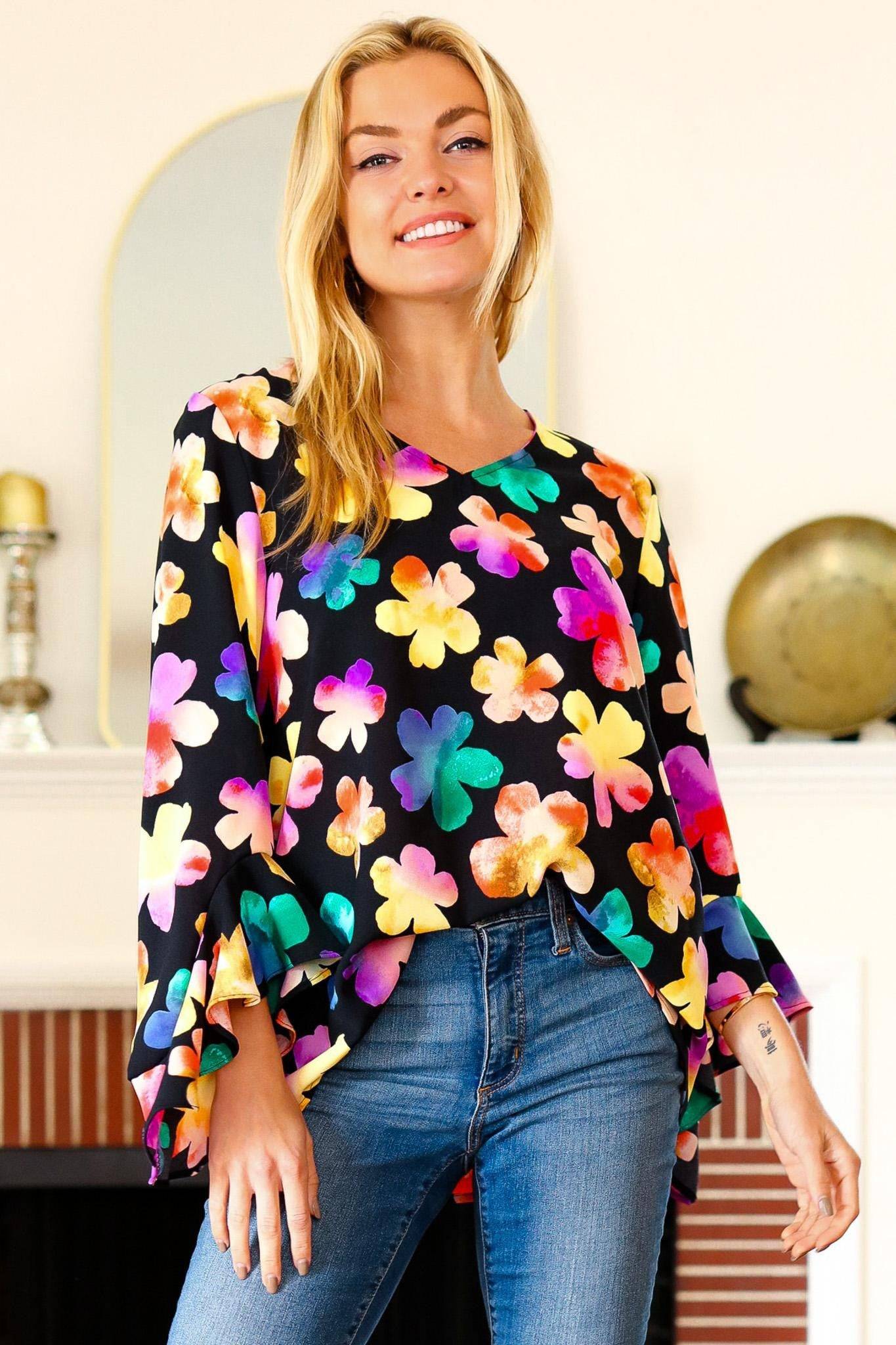 Be Bold Black Floral Hi-Lo Ruffle Sleeve Woven Top