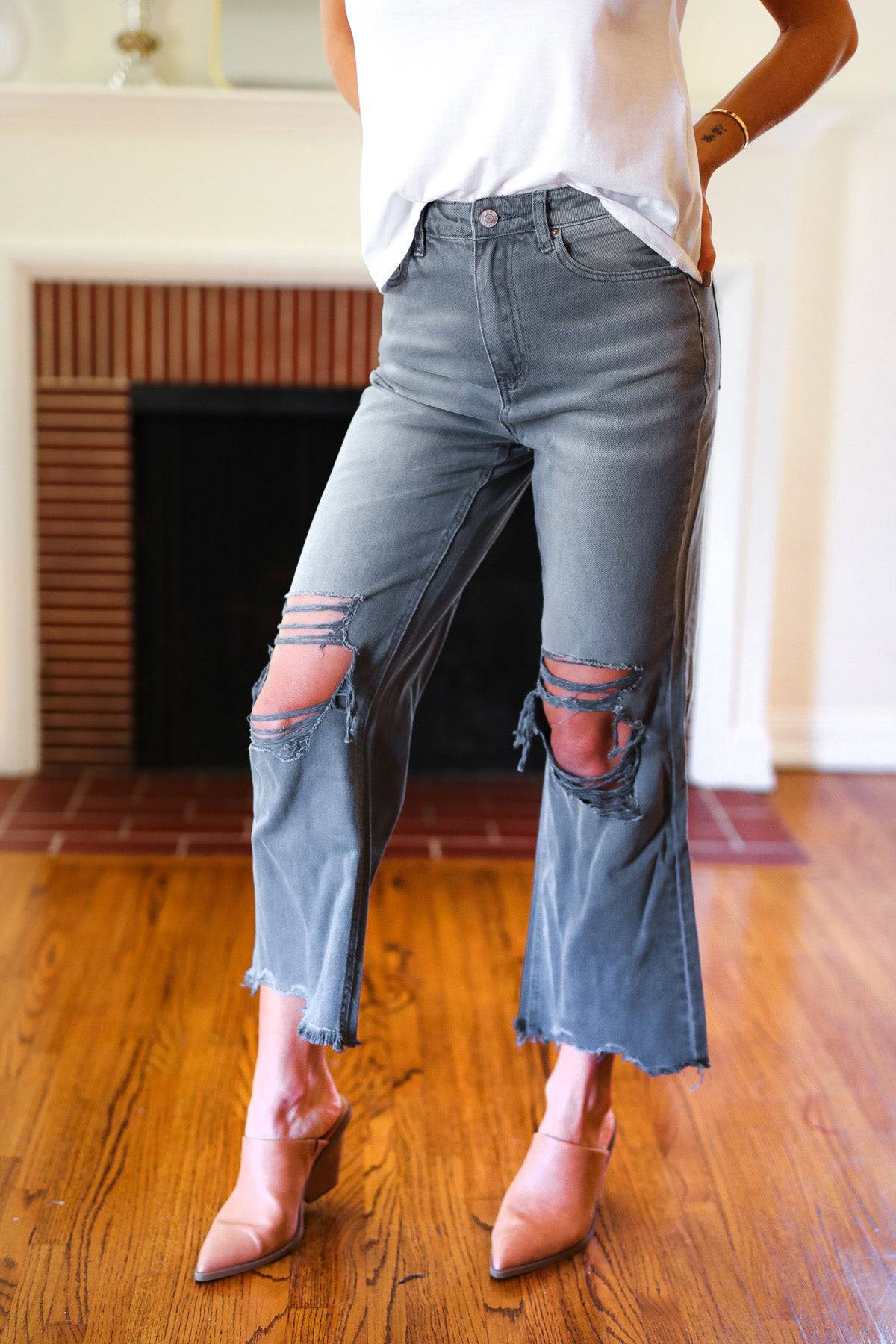 Cut Loose Ash Black High Rise Washed Distressed Cropped Pants - Luxe Mod 