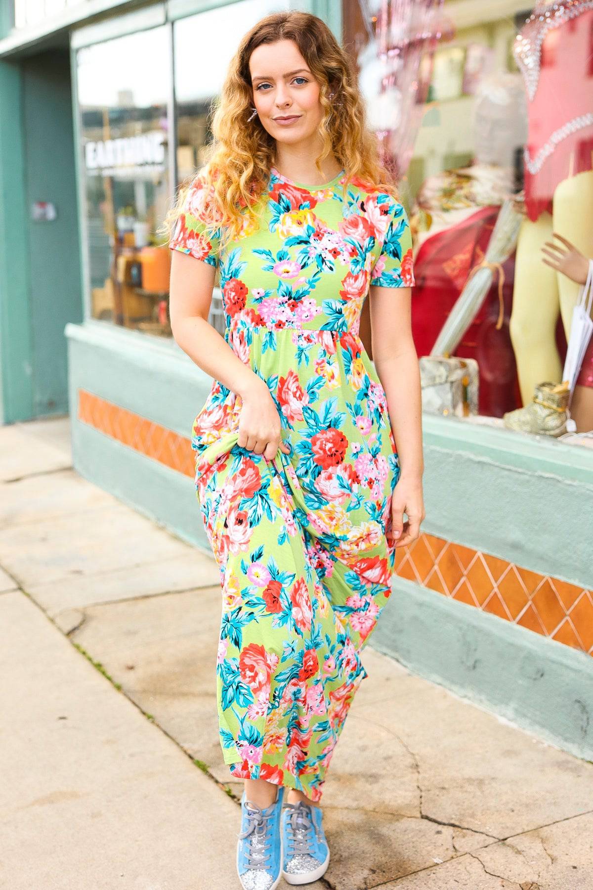 Diva Dreams Lime Floral Print Fit & Flare Maxi Dress - Luxe Mod 