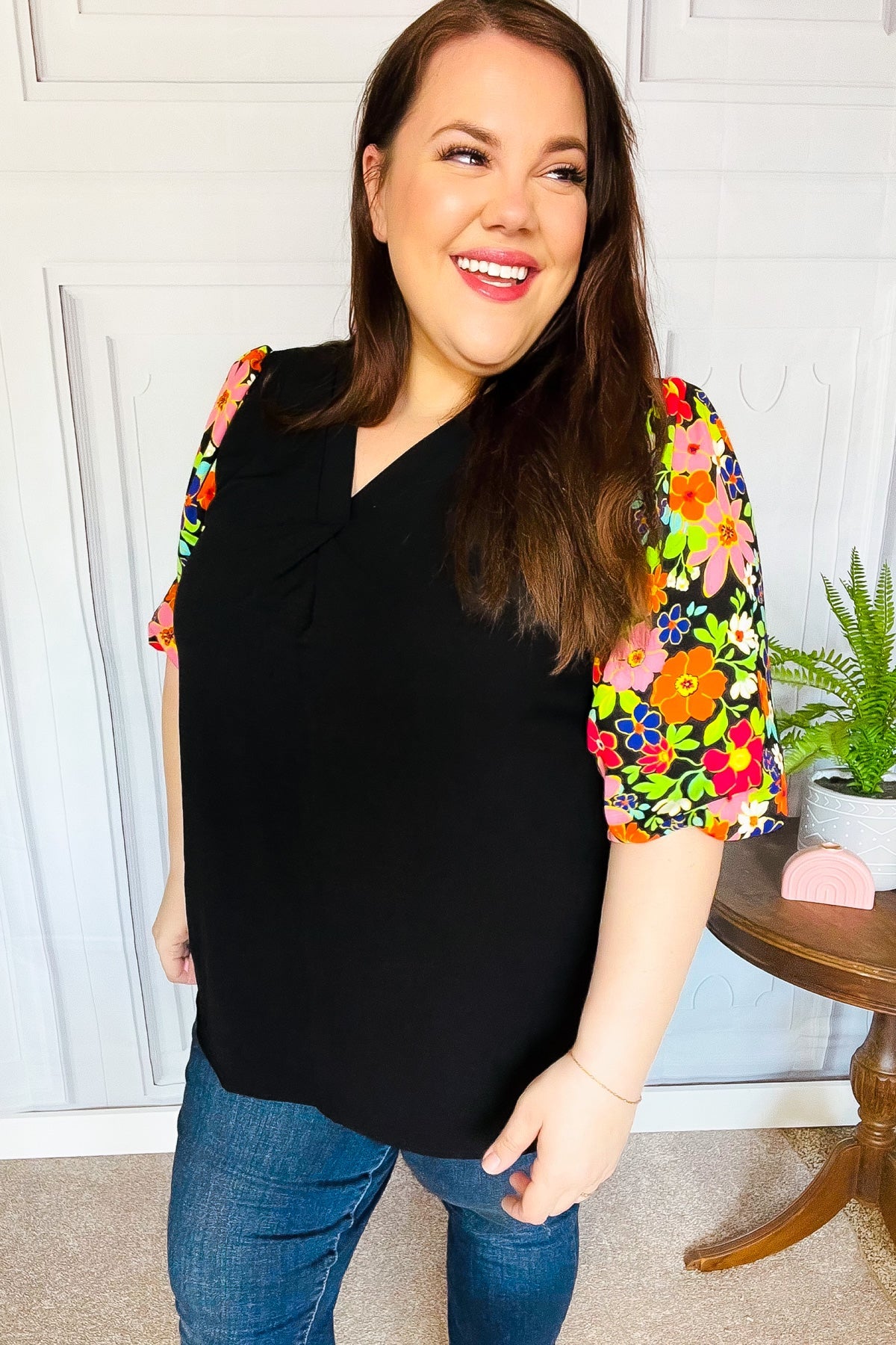 Eyes On You Black Floral Puff Sleeve V Neck Top - Luxe Mod 