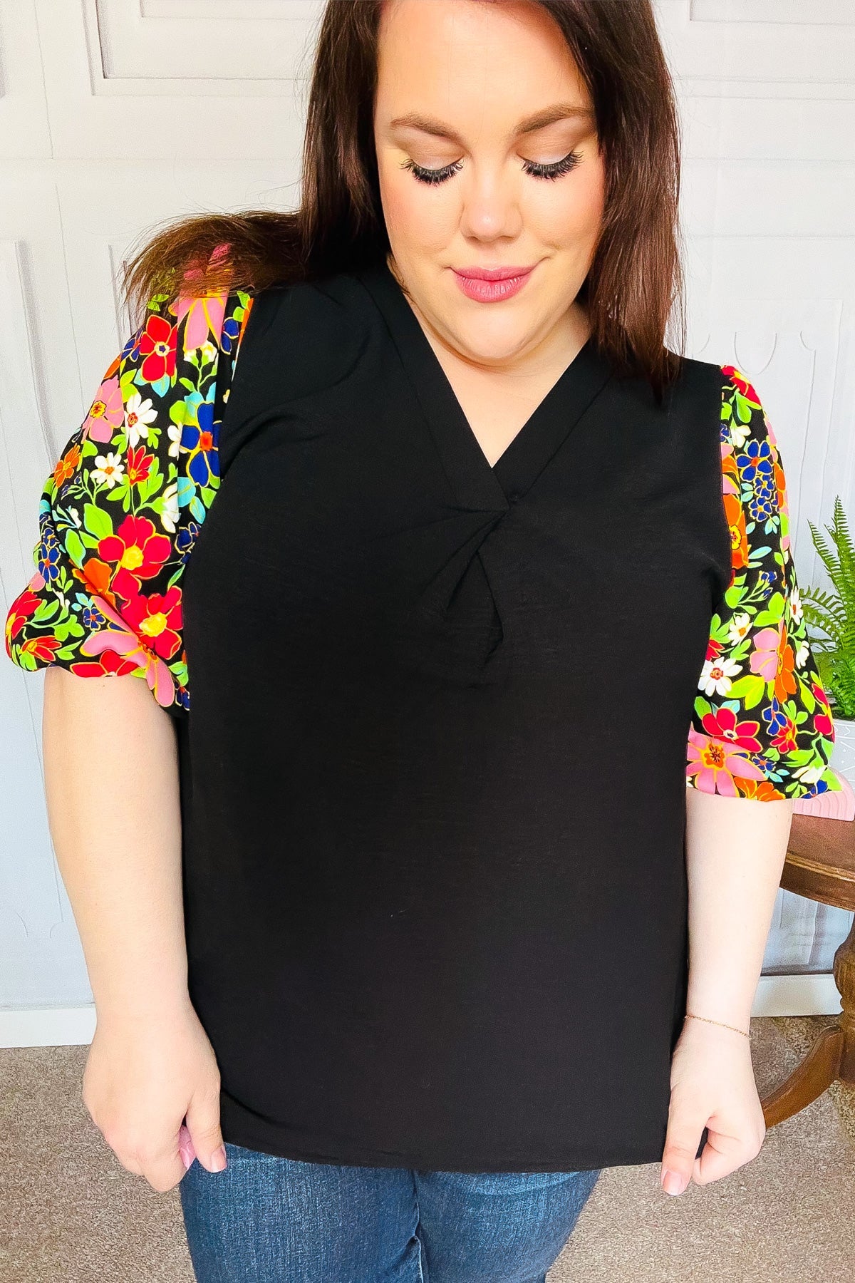 Eyes On You Black Floral Puff Sleeve V Neck Top - Luxe Mod 