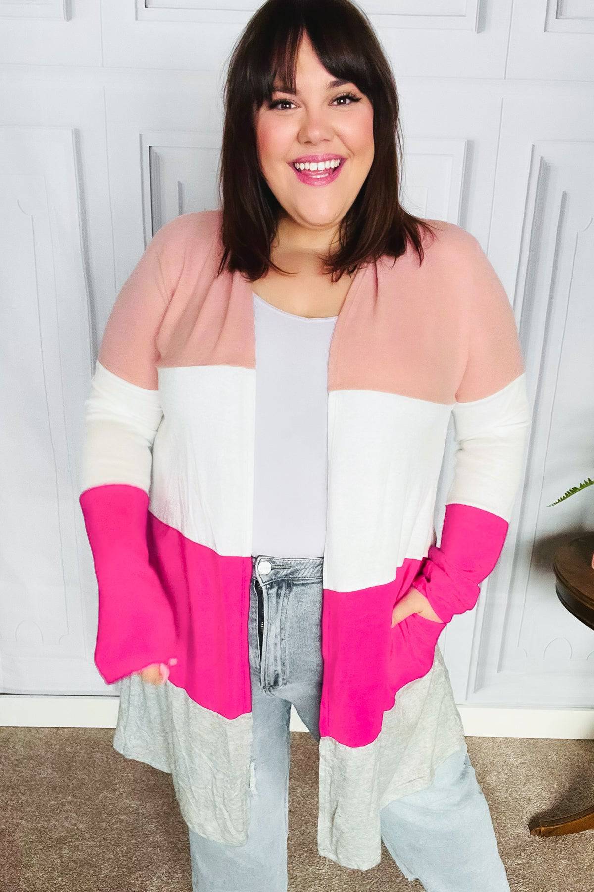 Face The Day Blush Wide Stripe Hacci Colorblock Cardigan - Luxe Mod 