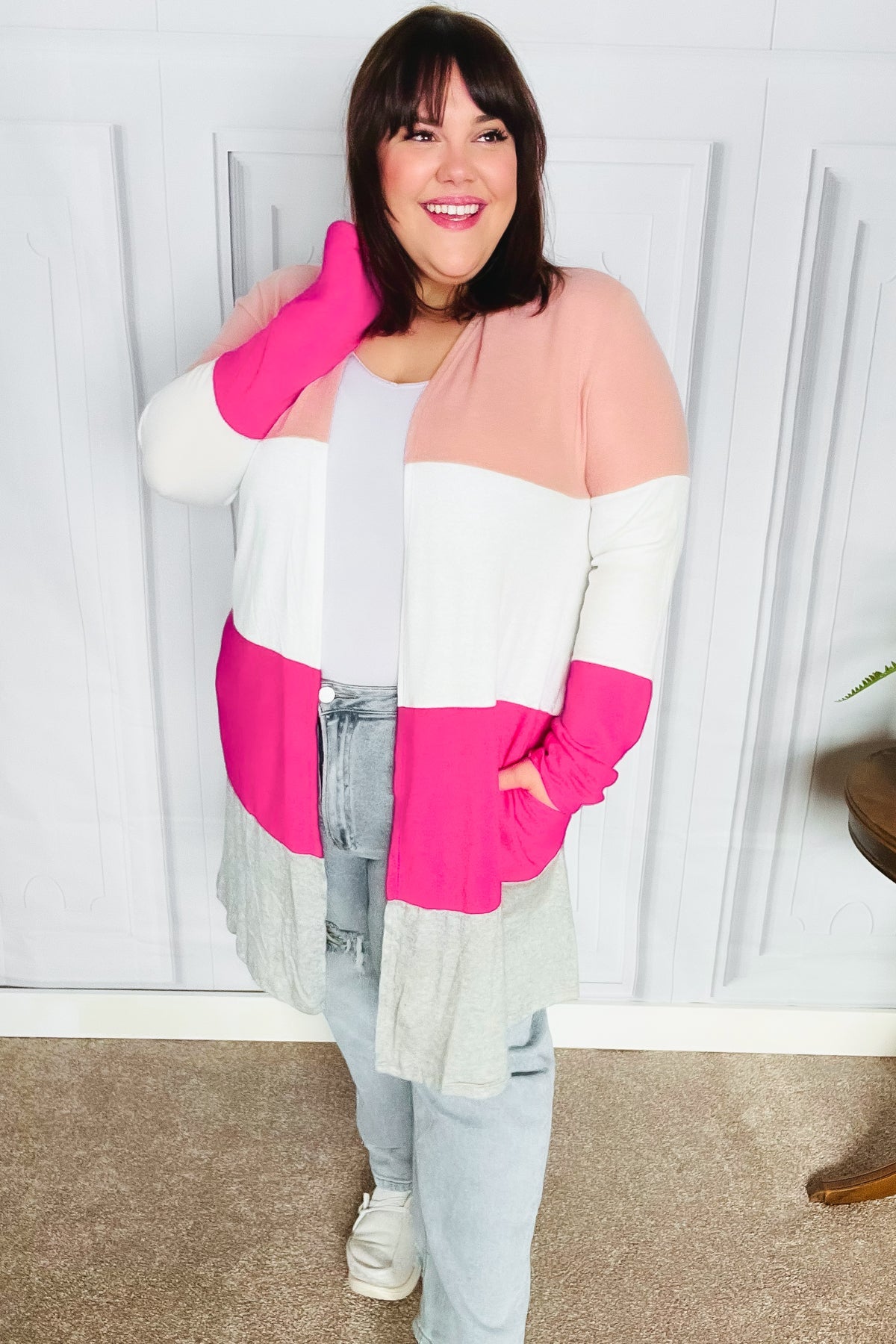 Face The Day Blush Wide Stripe Hacci Colorblock Cardigan - Luxe Mod 