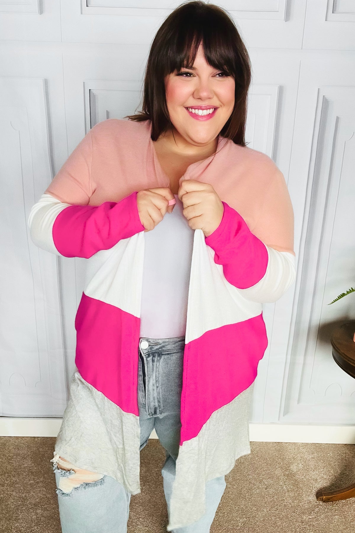 Face The Day Blush Wide Stripe Hacci Colorblock Cardigan - Luxe Mod 