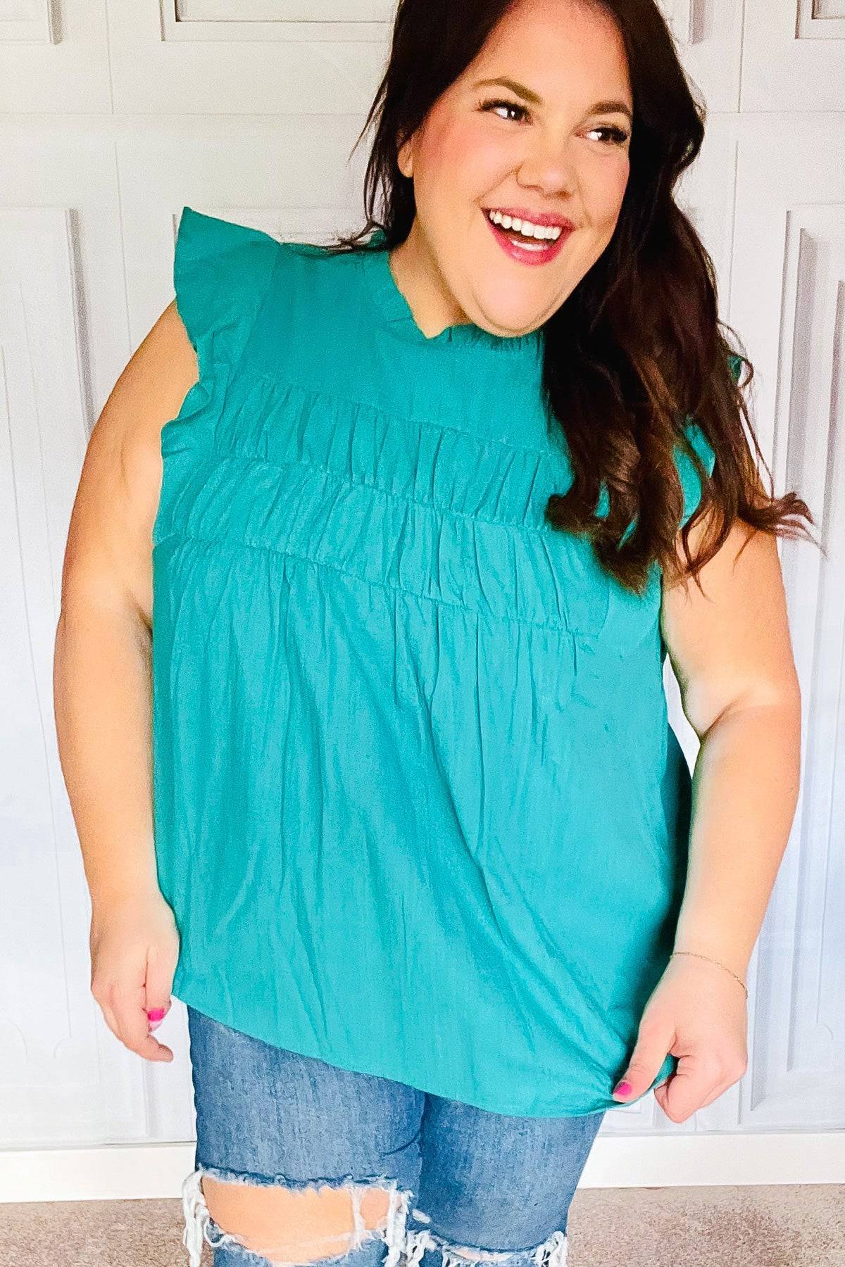 Love Life Cotton Turquoise Frill Mock Neck Flutter Sleeve Top - Luxe Mod 