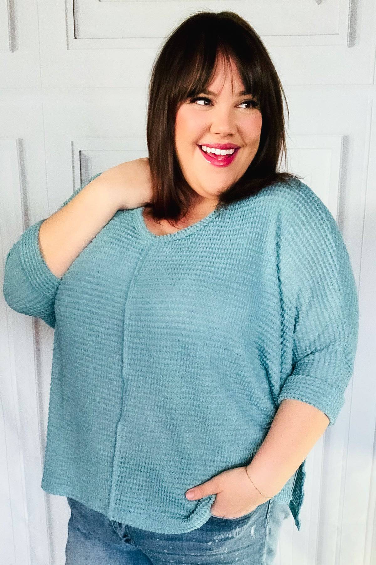 Just My Type Dusty Teal Jacquard Hi-Low V Neck Sweater - Luxe Mod 