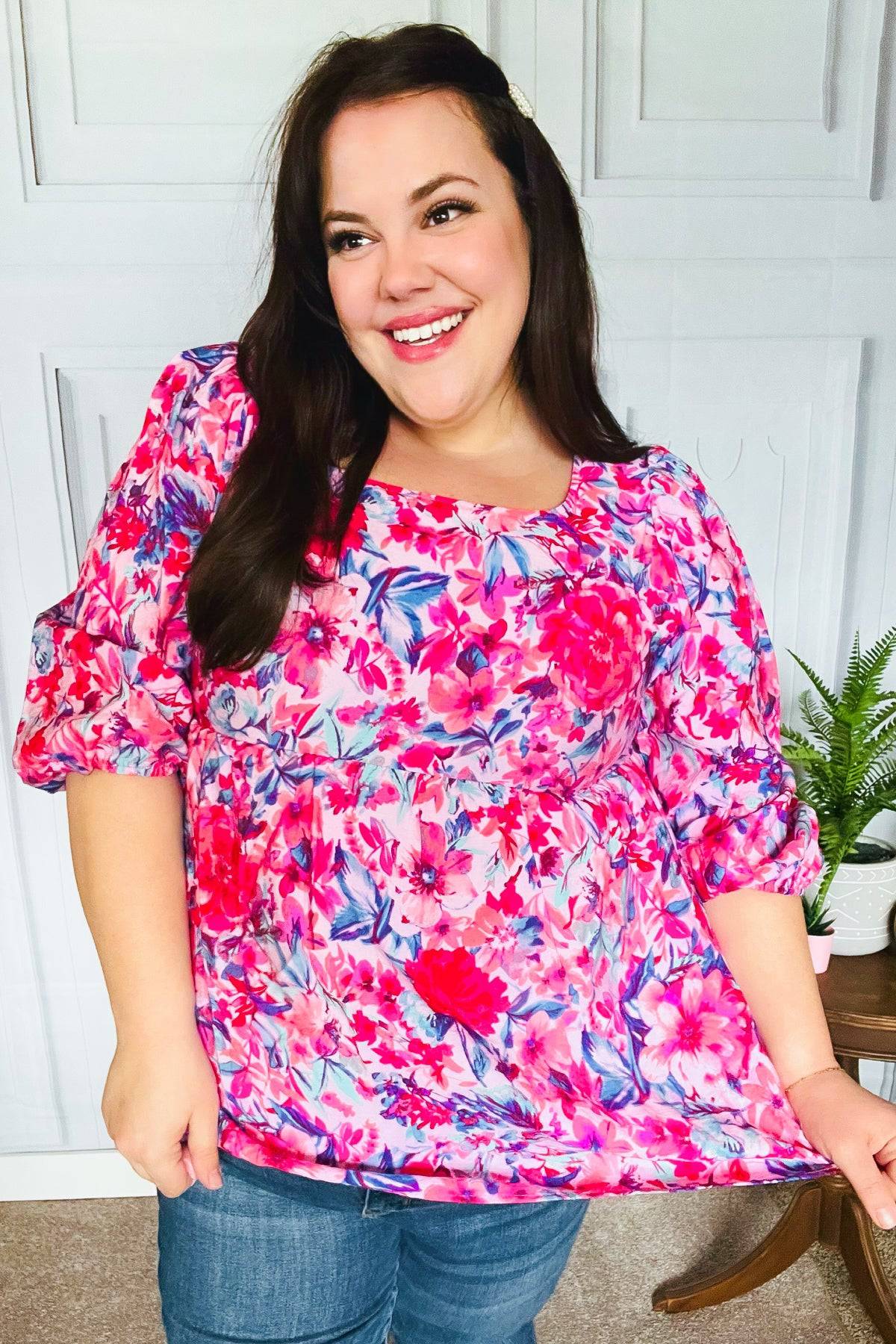 Feeling Femmi Pink & Fuchsia Floral Peplum Woven Top