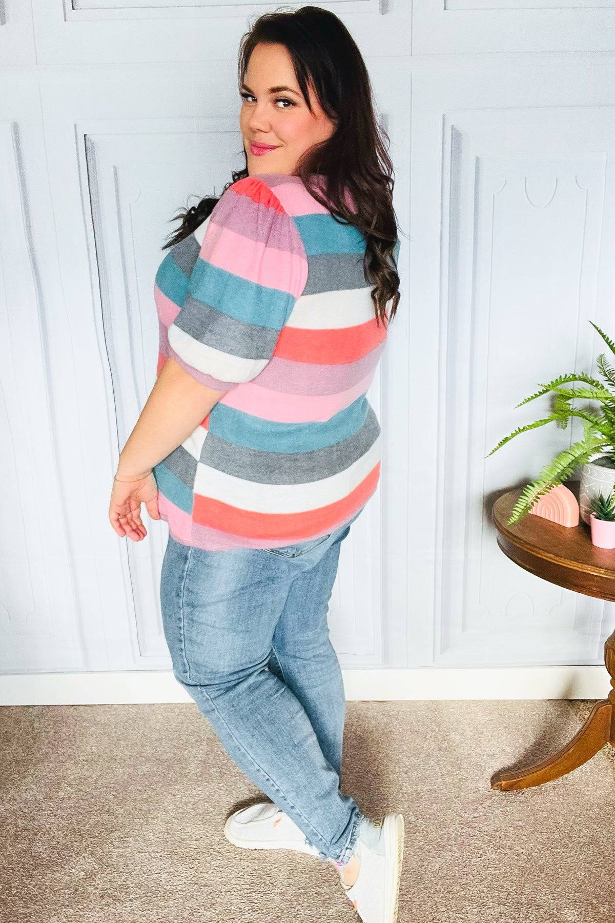 Look Out Teal & Rose Striped Hacci Knit Puff Sleeve Top - Luxe Mod 