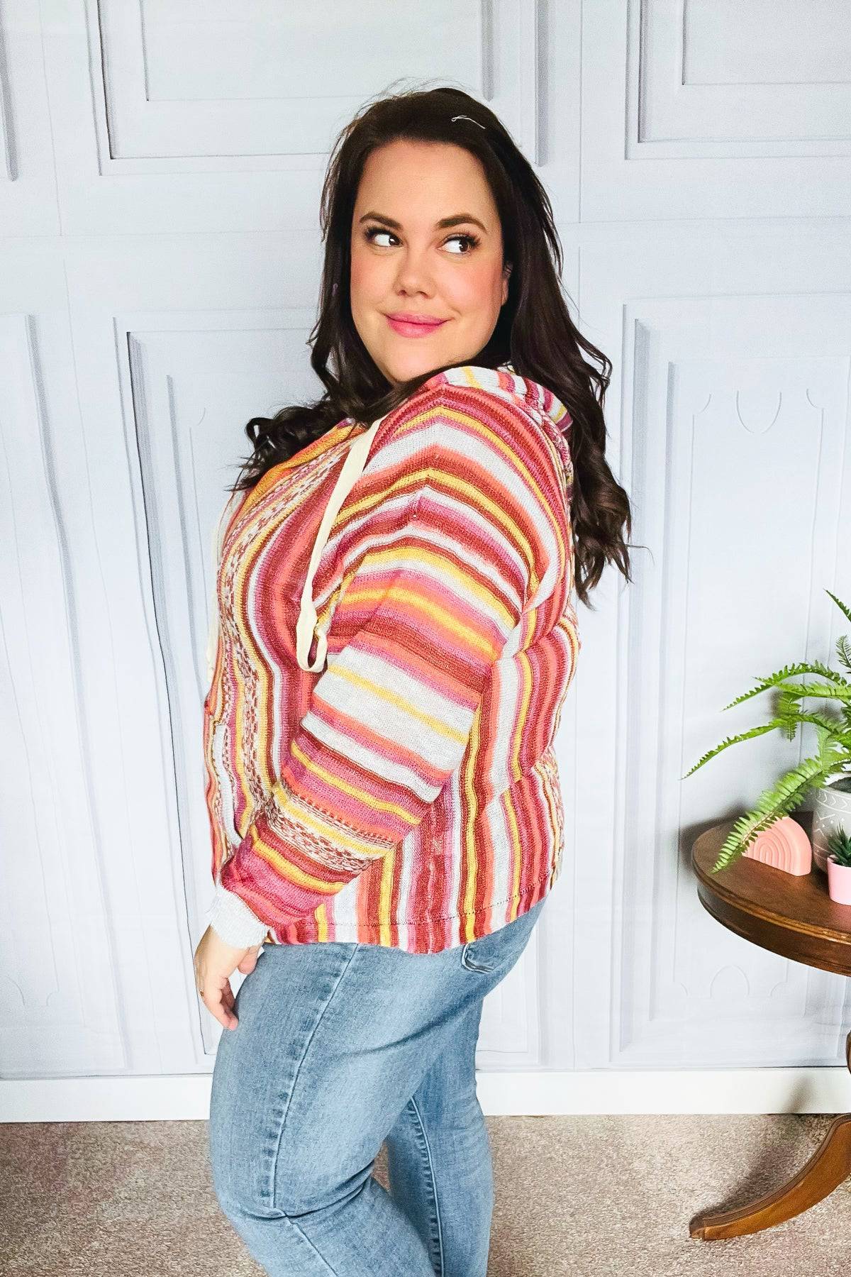 Be Bold Coral & Sienna Stripe Pullover Notched Neck Hoodie - Luxe Mod 