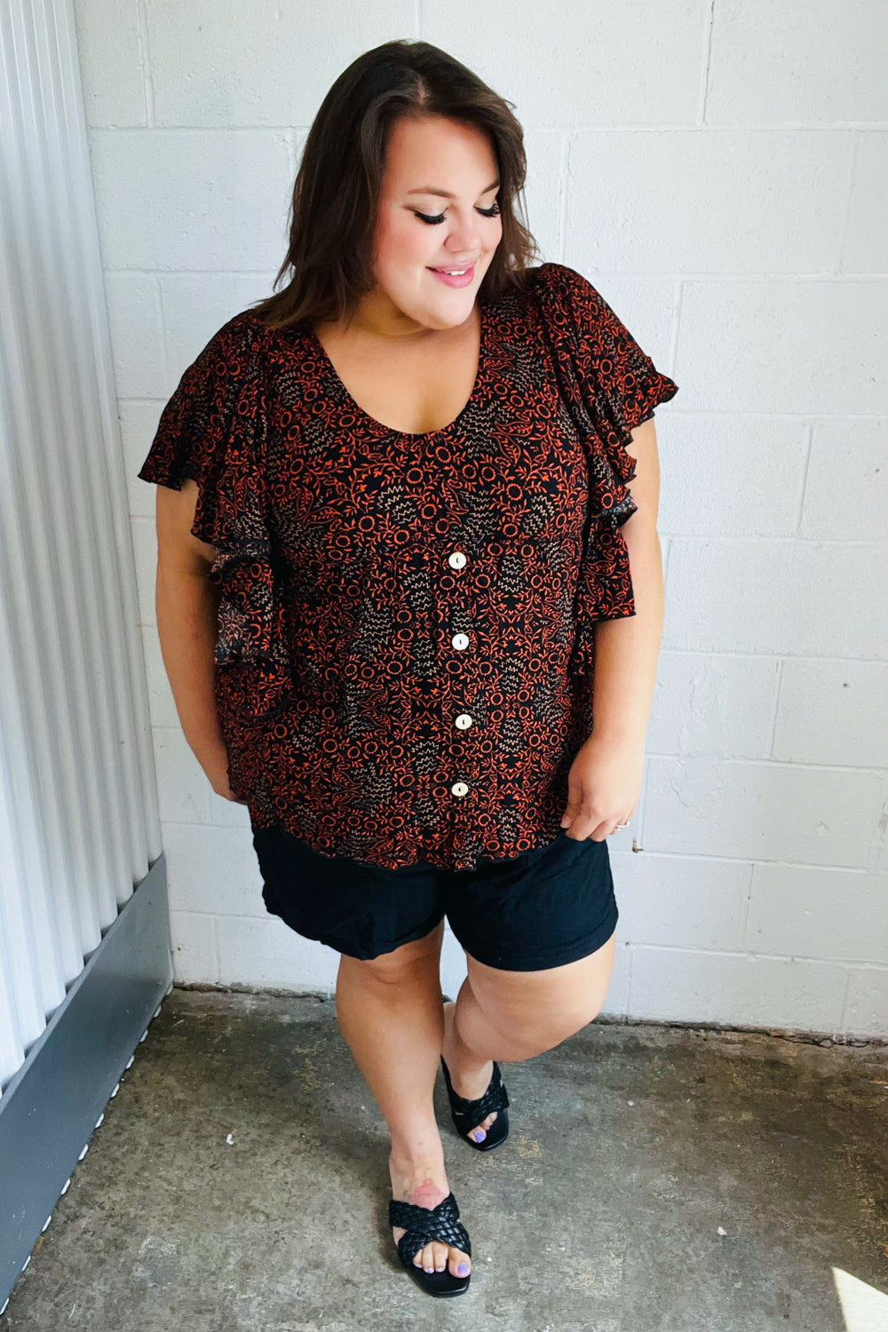 Black & Orange Boho Print Button Detail Side Ruffle Top