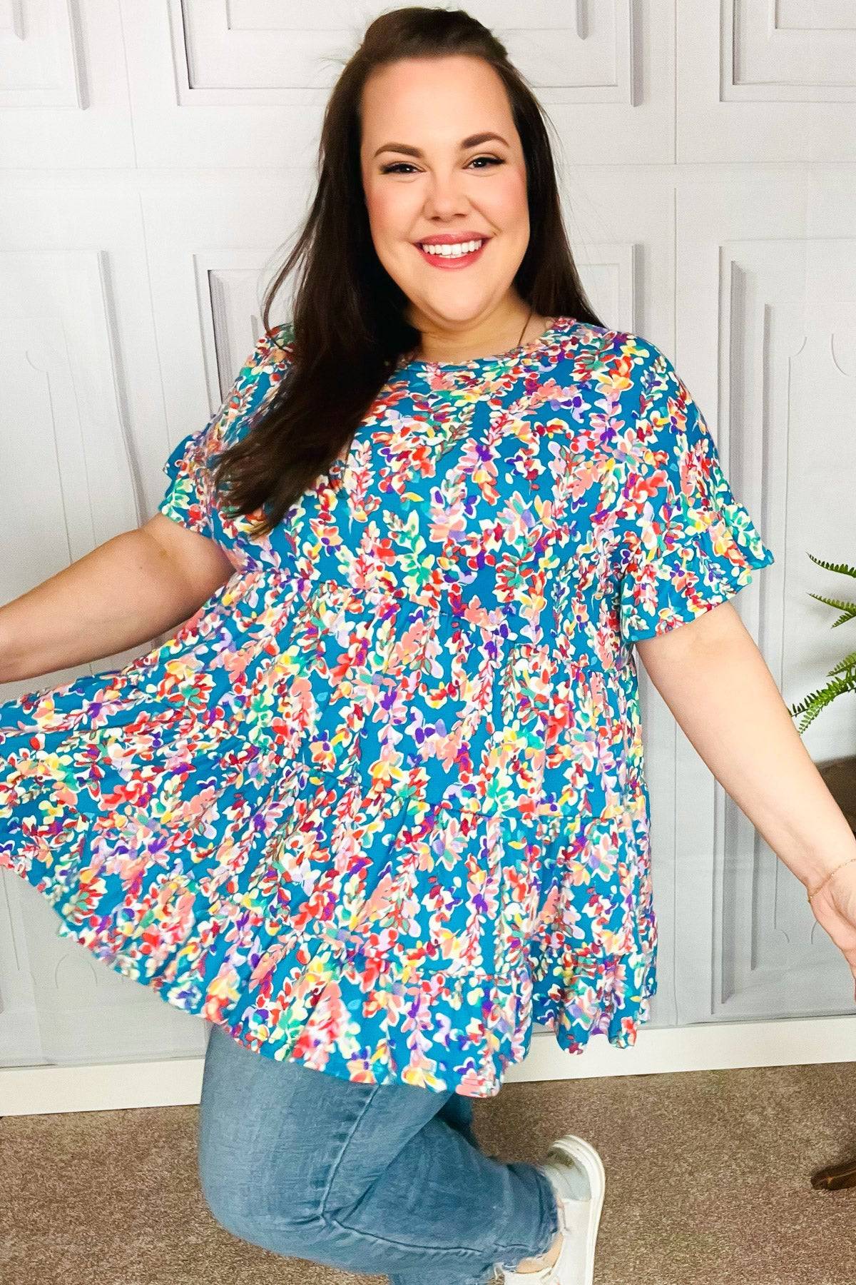 Looking Your Way Blue Floral Ruffle Hem Tiered Top - Luxe Mod 