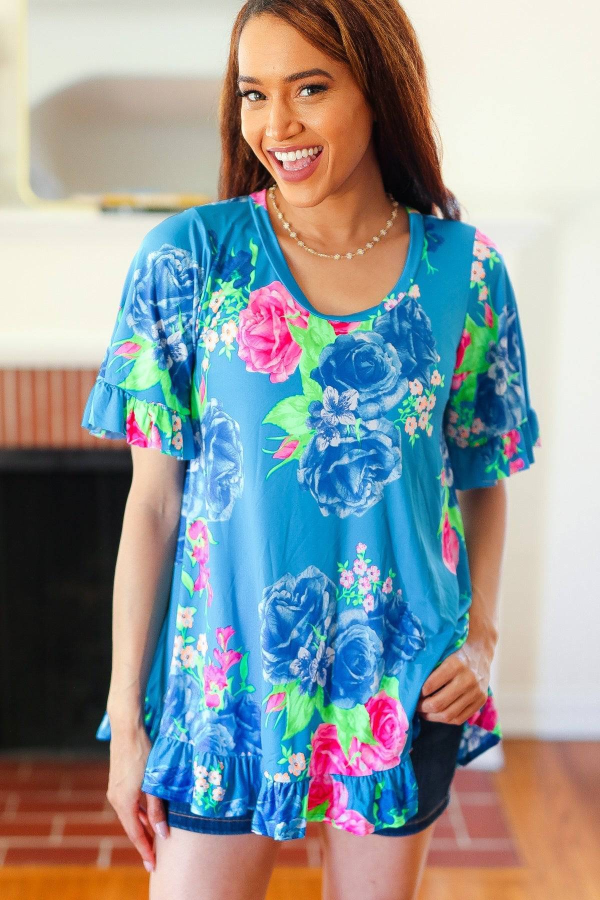 Feeling Playful Blue Floral Ruffle Sleeve & Hem Tunic Top - Luxe Mod 