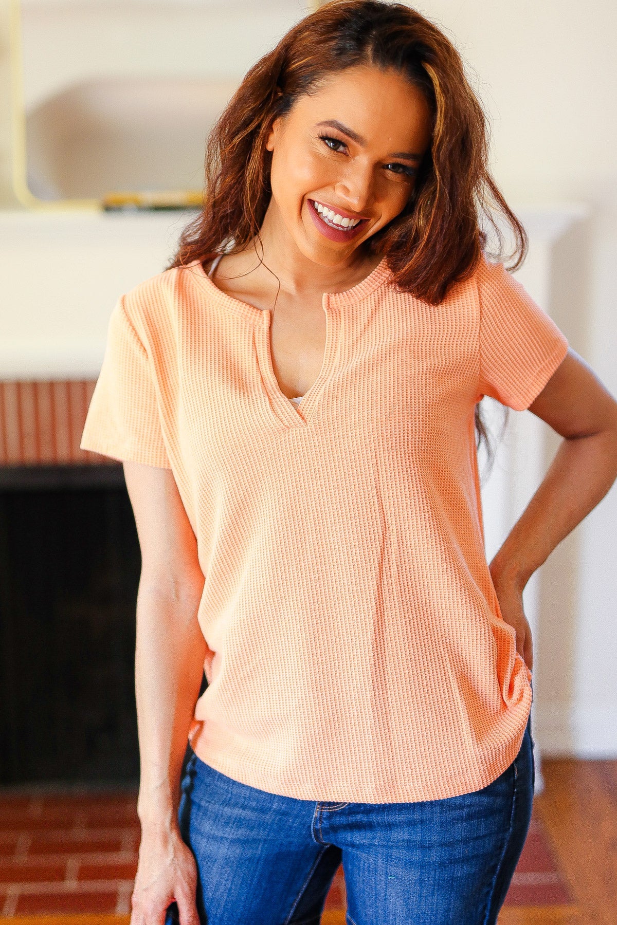 Feel Your Best Coral Baby Waffle Henley Neckline Top - Luxe Mod 