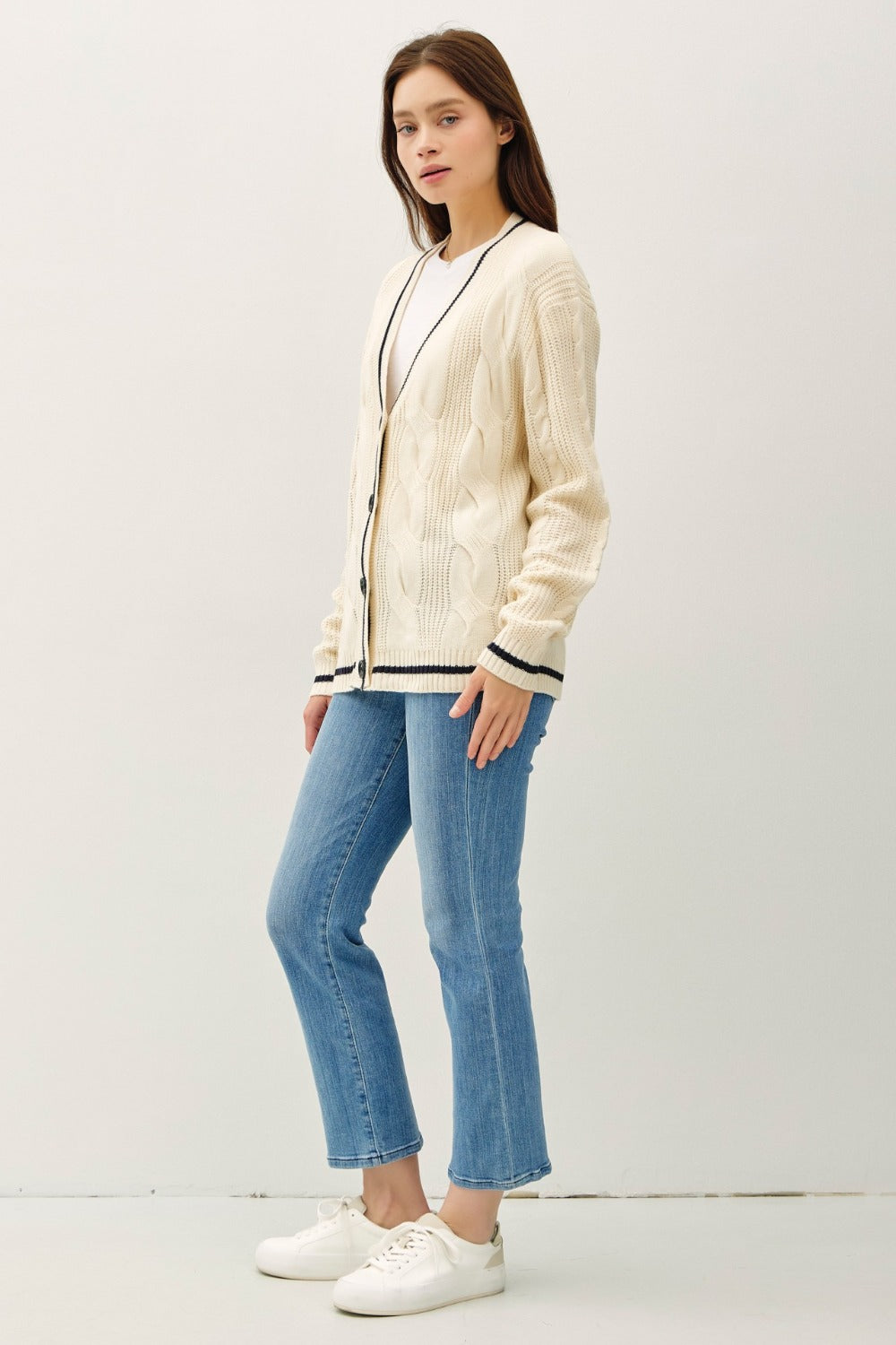 Be Cool Contrast Trim Cable-Knit V-Neck Cardigan - Luxe Mod 