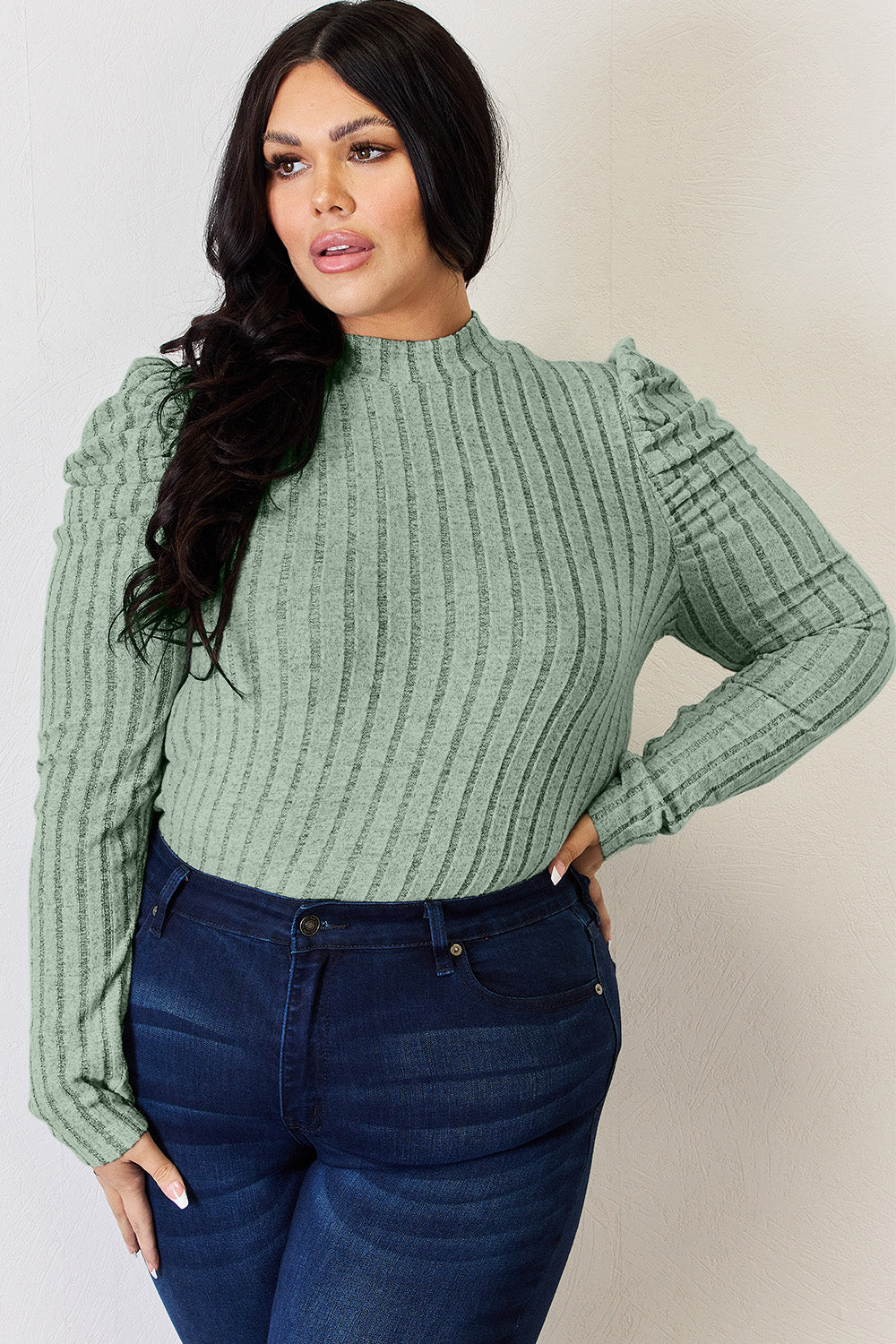 Basic Bae Full Size Ribbed Mock Neck Puff Sleeve T-Shirt - Luxe Mod 