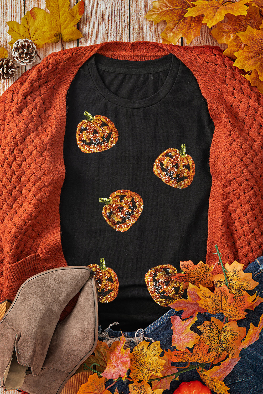 Black Halloween Sequin Pumpkin Face Graphic T Shirt - Luxe Mod 