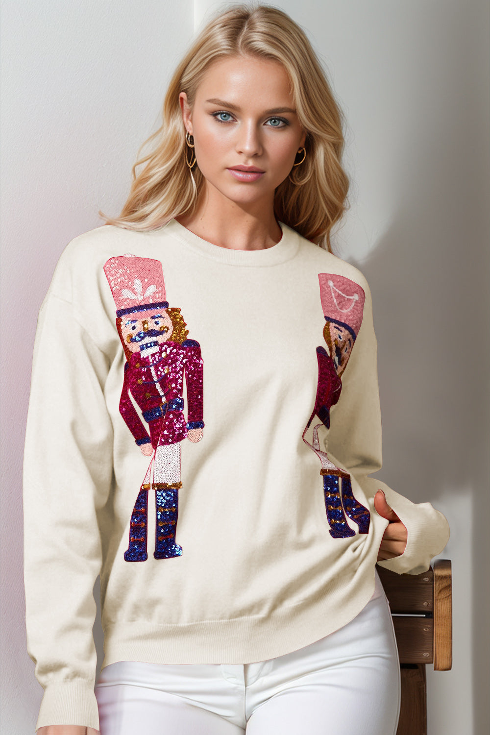 Double Take Full Size Nutcracker Sequin Long Sleeve Sweater - Luxe Mod 