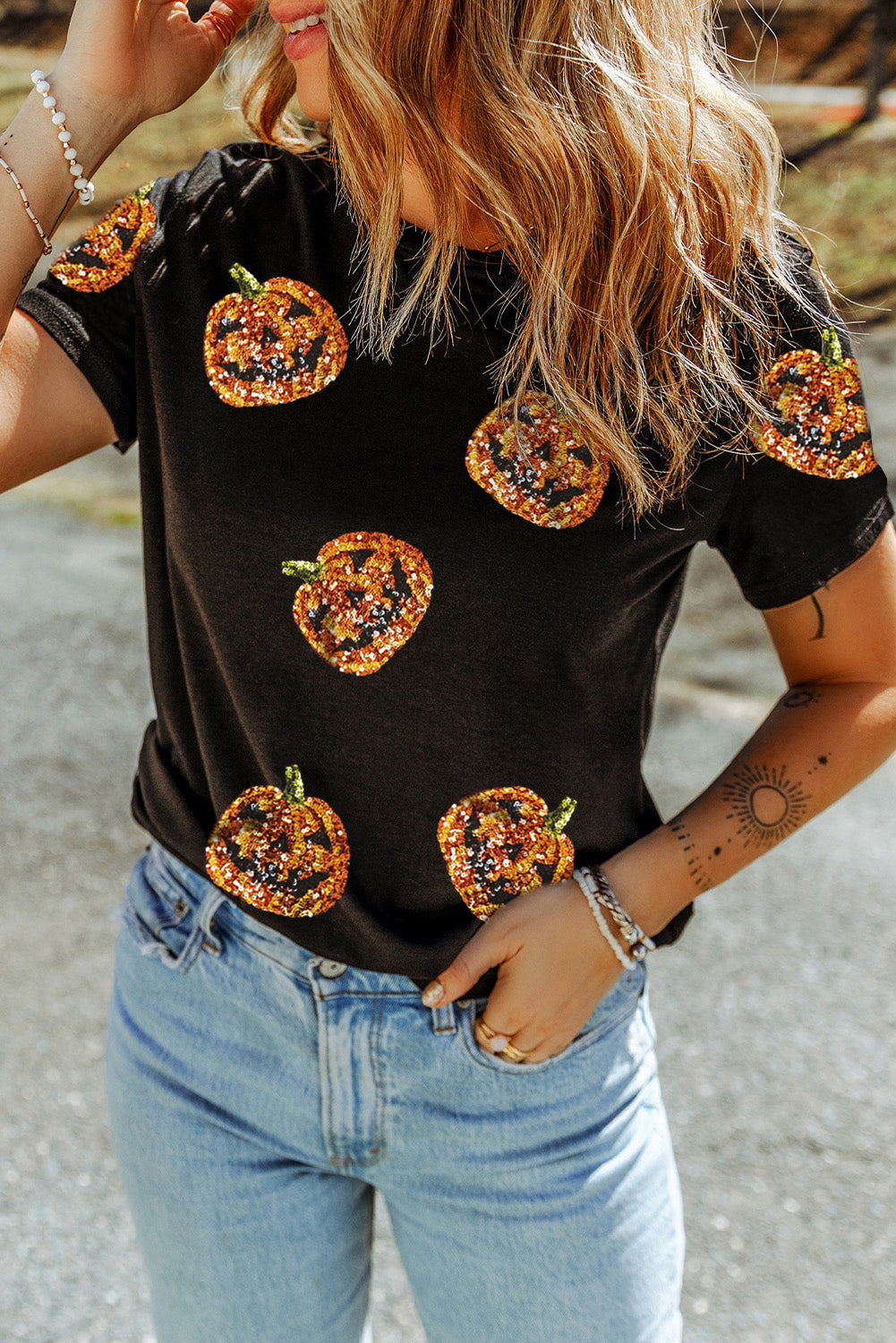 Black Halloween Sequin Pumpkin Face Graphic T Shirt - Luxe Mod 