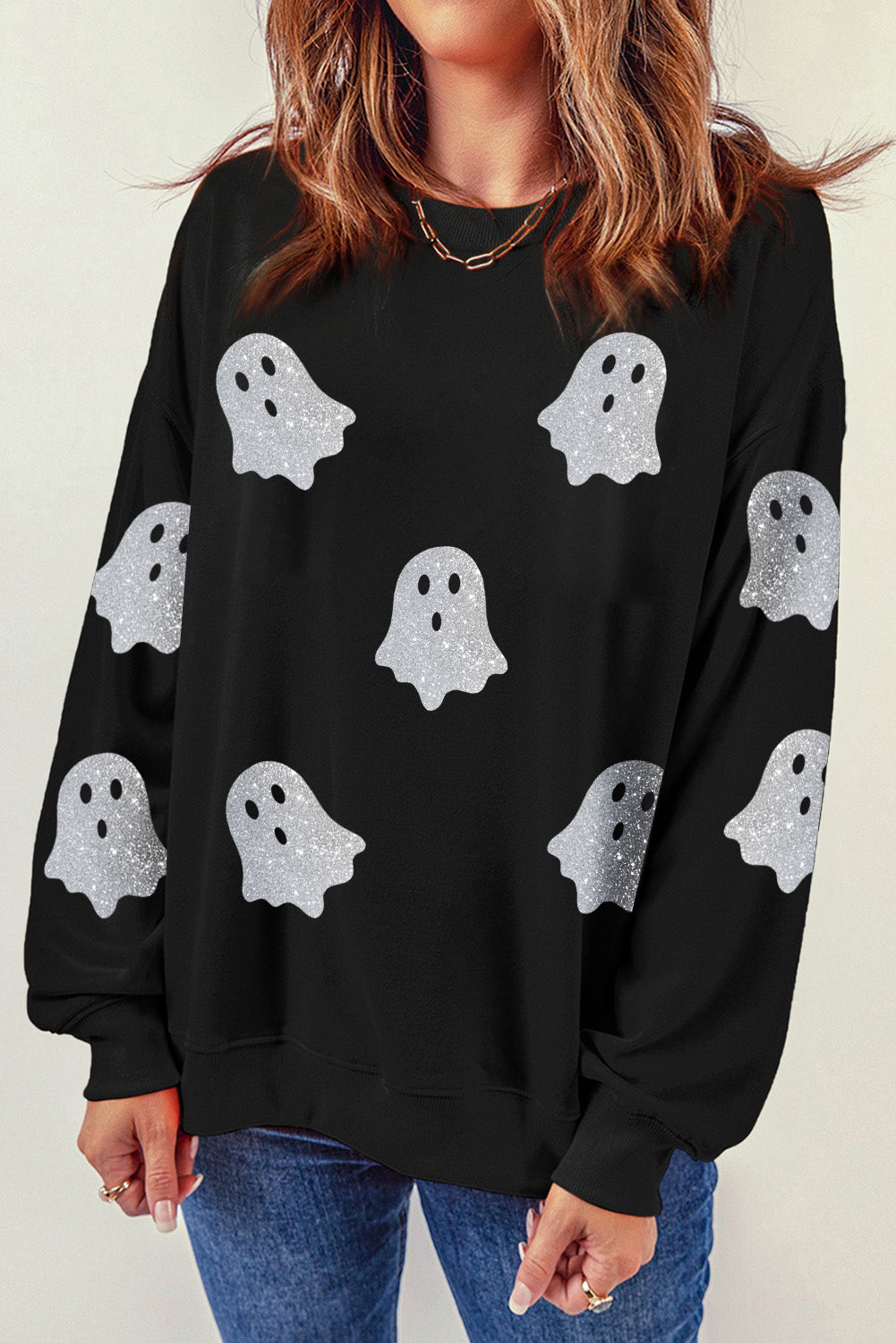 Black Glitter Ghost Pattern Crew Neck Halloween Sweatshirt - Luxe Mod 